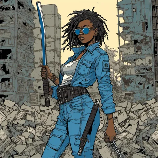 Prompt: young African American woman, wearing a blue jumpsuit, sunglasses, holding a katana, urban background, in <mymodel> style