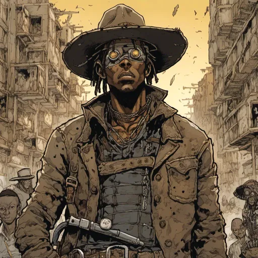 Prompt: african american desperado, handsome face, cowboy hat, armor, crowded wasteland city street, in <mymodel> style