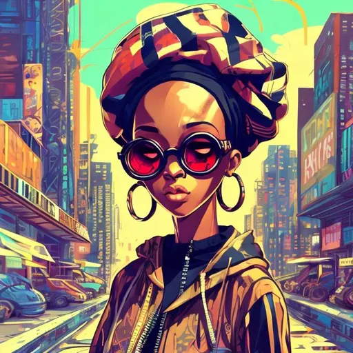 Prompt: full view, full body view, african american, cute girl, anime style, bald, headwrap, sunglasses, suit, highly stylized, highly stylized art style, exaggerated art style, cute art style, detailed illustration, urban setting, digital art, vivid colors, high contrast, gritty urban, professional artwork