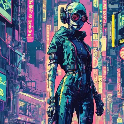 Prompt: full view, full body view, Comic book style, cyberpunk, cute girl, bald, headwrap, sunglasses, suit, highly stylized, detailed illustration, intense colors, futuristic, urban setting, digital art, retro-futuristic, Tokyo Ghost style, Sean Murphy inspired, high contrast, vibrant colors, gritty urban, professional artwork