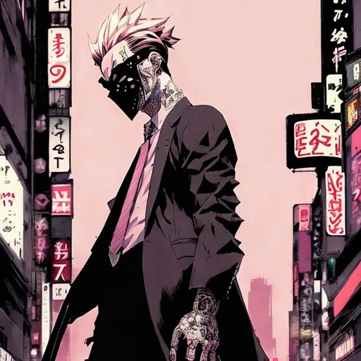 Prompt: Pastel goth yakuza boss, comic style ((tokyo ghost, sean murphy)), wearing mask, suit and tie, dynamic pose, detailed, pastel color scheme, Tokyo background, professional, highly stylized, detailed eyes, city lights, dynamic lighting, vibrant colors