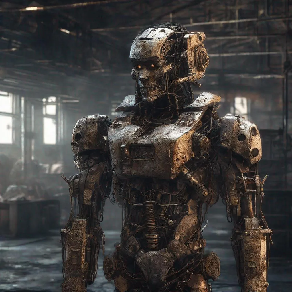 Prompt: Makeshift cyborg with piecemeal armor, gritty industrial setting, intense and dramatic lighting, metallic sheen, high-tech details, post-apocalyptic, detailed circuitry, rusty and worn textures, 3D rendering, dystopian, grungy aesthetic, heavy shadows, high contrast, dramatic atmosphere