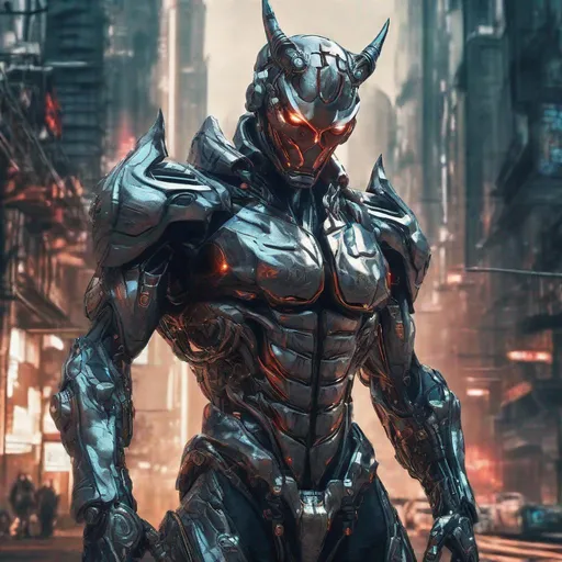 Prompt: Cyborg warrior with devil-shaped armor, metallic sheen, futuristic urban setting, intense and focused gaze, high-tech details, detailed metallic textures, cybernetic enhancements, cool tones, atmospheric lighting, best quality, ultra-detailed, sci-fi, cyberpunk, devilshaped armor, futuristic, intense gaze, high-tech details