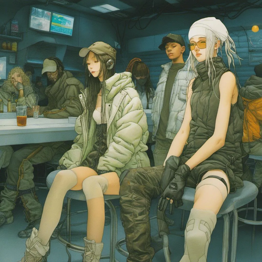 Prompt: <mymodel>anime, people in a crowded bar, cyberpunk aesthetic