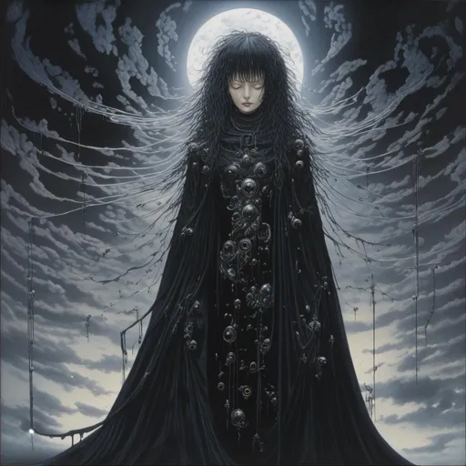 Prompt: <mymodel>Beautiful and ethereal goddess with flowing black and silver robes, glowing eyes, mystical aura, surreal and dreamlike, oil painting, dark and mysterious, otherworldly atmosphere, hauntingly elegant, divine presence, high quality, detailed, surrealism, dark tones, mystical lighting