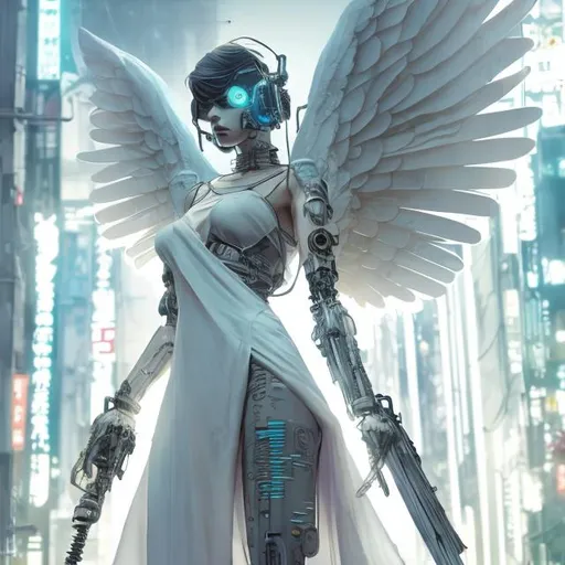 Prompt: illustration of an ethereal cyberpunk angel, comic style ((tokyo ghost, sean murphy)), vr headset, white silk gown, pastel goth, dynamic pose, detailed, stylized, 3d rendered industrial background