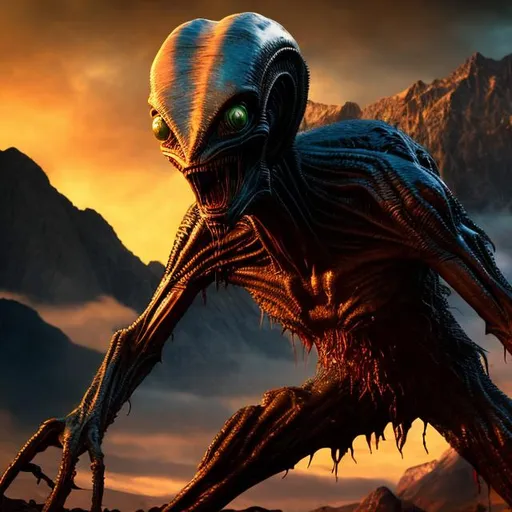 Prompt: alien, leather skin, long claws,  nightmarish, burning eyes, mountainous foreign landscape