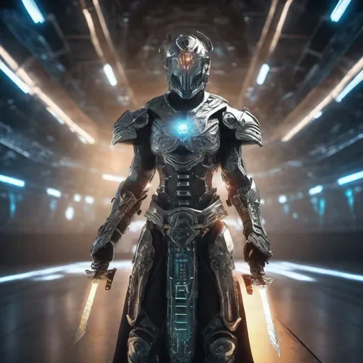 Prompt: Realistic cyborg templar in a futuristic arena, 3D rendering, armor with intricate engravings, cross engraved on chest, glowing energy sword, dramatic lighting casting deep shadows, futuristic arena with holographic displays, ultra-realistic, detailed, 3D rendering, futuristic, glowing energy sword, high-tech visor, intricate engravings, holographic displays, cybernetic enhancements