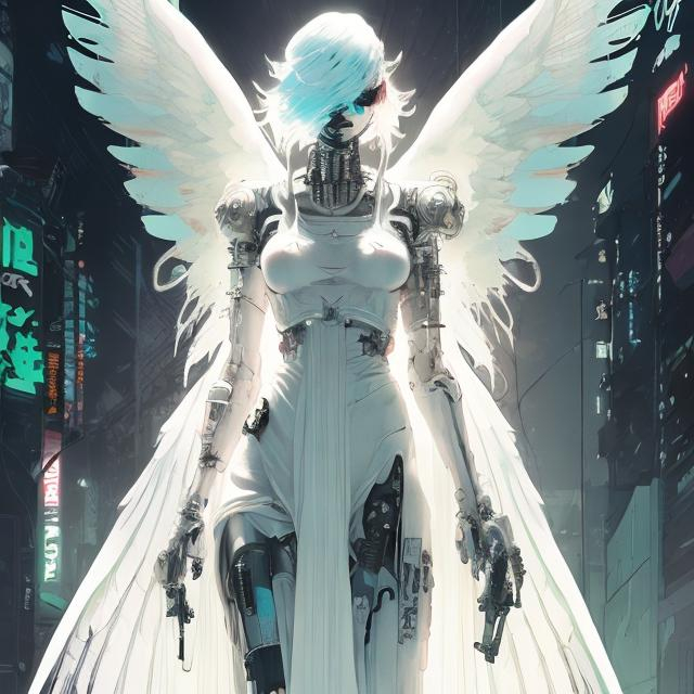 Prompt: illustration of an ethereal cyberpunk angel, comic style ((tokyo ghost, sean murphy)), vr headset, white silk gown, pastel goth, dynamic pose, detailed, stylized, 3d rendered industrial background