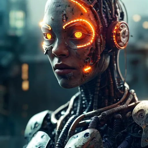 Prompt: a picture of cyborg female, destroyed, rust, mechanical, wires, photography, detailed skin, realistic, photo-realistic, 8k, highly detailed, full length frame, High detail RAW color art, diffused soft lighting, shallow depth of field, sharp focus, hyperrealism, cinematic lighting