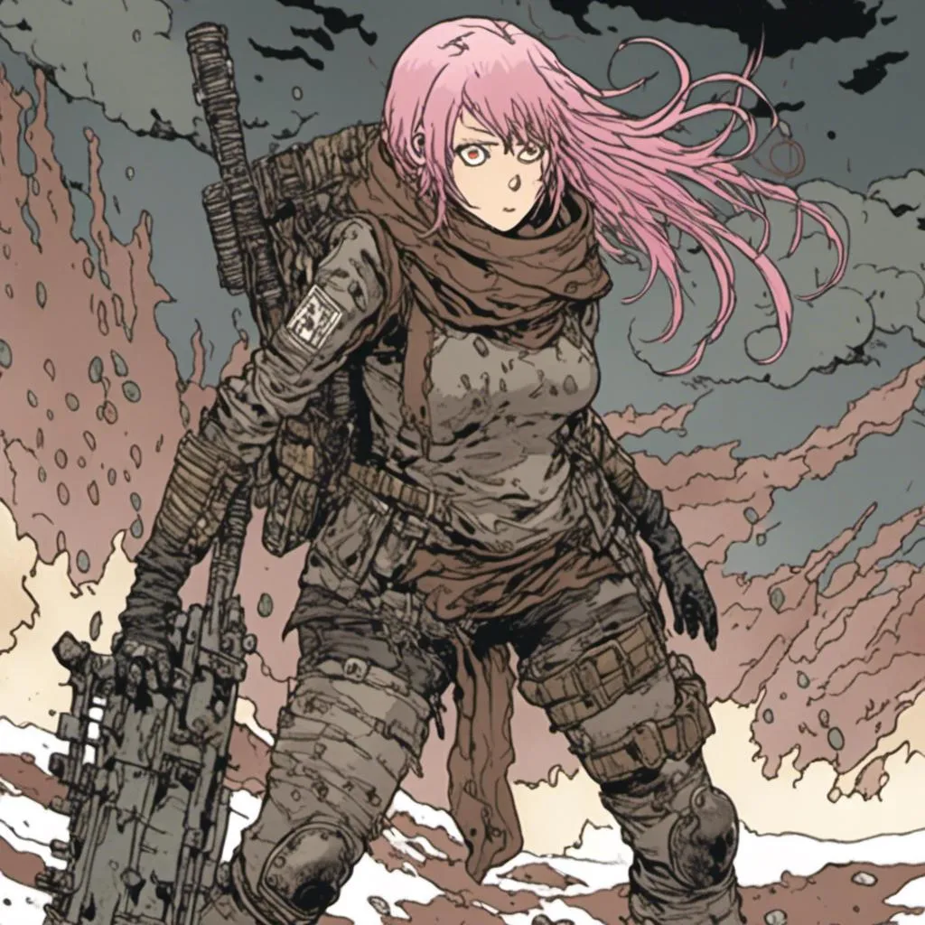 Prompt: pink haired woman, wearing brown scarf and clothing, armor, desolate setting, dynamic pose, in <mymodel> style