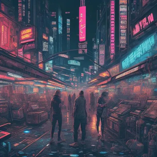 Prompt: cyberpunk, market selling machine, electronic goods, urban decay, crowded scene, highly stylized, detailed illustration, intense colors, futuristic, urban setting, crowded market, digital art, retro-futuristic, detailed machinery, bustling atmosphere, high contrast, vibrant colors, gritty urban, professional artwork