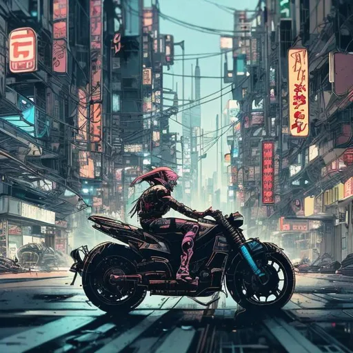 Prompt: a comic book (tokyo ghost, sean murphy) style of a futuristic motorcycle being ridden down a street in a cyberpunk city, illustration, highly stylized, cyberpunk cityscape, futuristic motorcycle, wide depth of field, wide angle lens, futuristic skyscrapers, bustling urban life, detailed and dynamic perspective, highres, ultra-detailed, comic book style, cyberpunk, wide angle lens, futuristic  bustling streets, highly stylized, dynamic perspective, atmospheric lighting