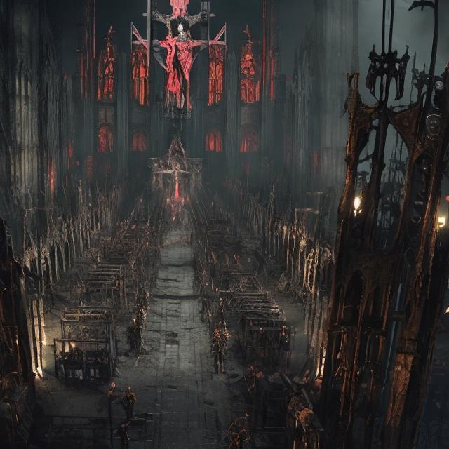 Prompt: sprawling demonic industrial cathedral, gruesome macabre crucifix, dystopic military setting