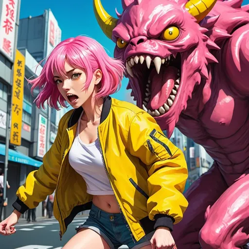 Prompt: Anime cartoon style, bright colors, pink haired woman wearing a yellow bomber jacket fighting a monster, tokyo street, action scene