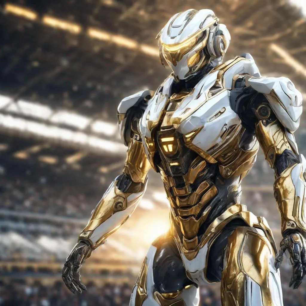 Prompt: Photorealistic illustration of a heroic pose, liquid metal mech suit, white and gold armor, drone weaponry, futuristic stadium setting, glowing internal core, high quality, futuristic, metallic sheen, heroic, detailed mechanics, stadium setting, stadium, liquid metal, glowing core, professional, realistic lighting