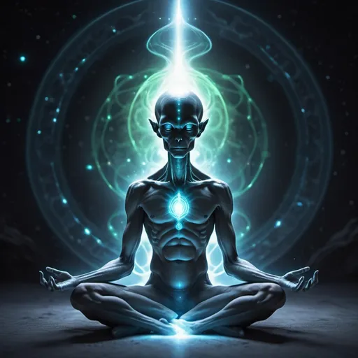 Prompt: a luminous alien meditating, connected to a worldmind, ethereal vibe
