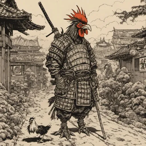 Prompt: samurai accompanied by 1rooster, village setting, in <mymodel> style