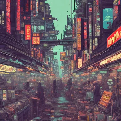 Prompt: Comic book style, cyberpunk, market selling machine, electronic goods, urban decay, crowded scene, highly stylized, detailed illustration, intense colors, futuristic, urban setting, crowded market, digital art, retro-futuristic, Tokyo Ghost style, Sean Murphy inspired, detailed machinery, bustling atmosphere, high contrast, vibrant colors, gritty urban, professional artwork