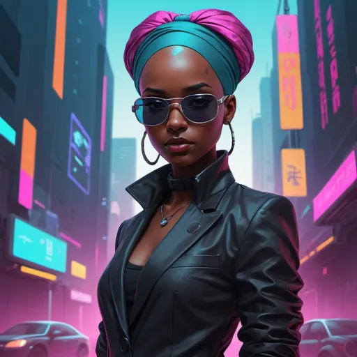 Prompt: cyberpunk, cute girl, dark skin, bald, headwrap, VR sunglasses, suit, highly stylized, detailed illustration, intense colors, futuristic, urban setting, digital art, retro-futuristic, high contrast, vibrant colors, gritty urban, professional artwork