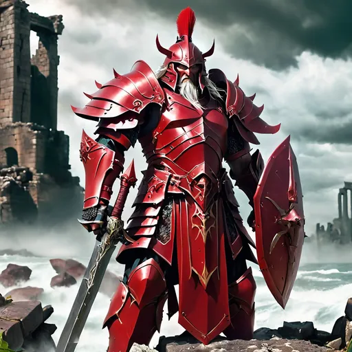 Prompt: stormlord, ancient warrior, crimson armor, ruins in the background