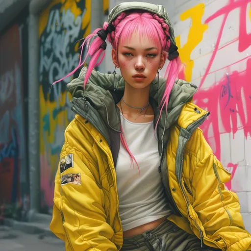 Prompt: <mymodel>High-quality digital illustration of a stylish woman, vibrant yellow bomber jacket, cute pink pigtails, urban streetwear, detailed facial features, colorful and energetic, anime style, bright and lively colors, urban setting with graffiti art, best quality, highres, digital illustration, vibrant colors, streetwear fashion, detailed facial features, anime, urban, energetic atmosphere