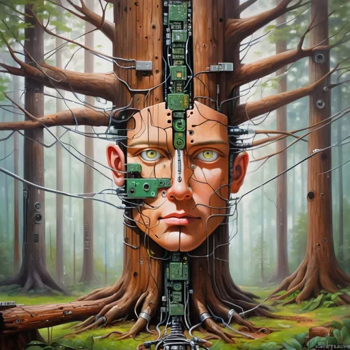 Prompt: fusion of nature and technology, a painting of a technology inspired tree in a forest, cables, wires, diodes, male robotic face, bark, wood, chrome, metal