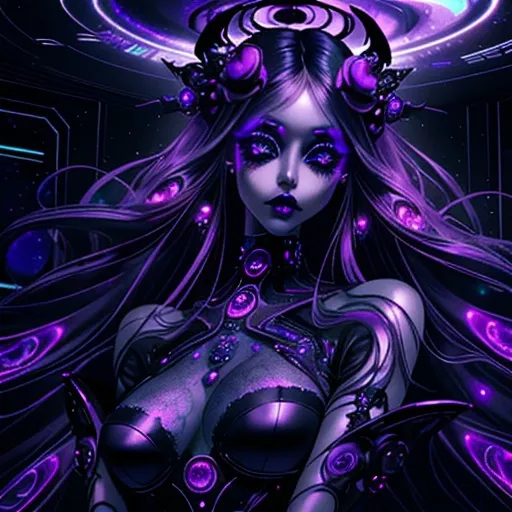Prompt: Emo space princess, indoor setting, digital art,  futuristic gothic aesthetic, ethereal, cool purples and blacks, detailed lace and velvet textures, long flowing hair, piercing gaze, cosmic background, galaxy-inspired makeup, best quality, highres, digital art, gothic, futuristic, ethereal lighting, detailed textures, cosmic vibes