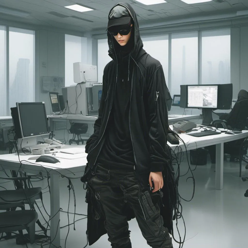 Prompt: digital art, <mymodel>male anime hacker, black clothes, confident pose, futuristic office setting