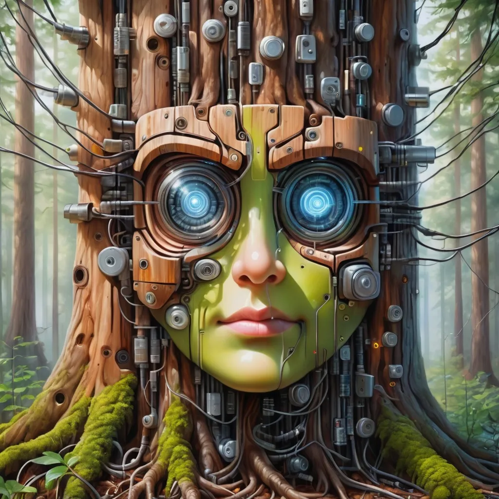 Prompt: fusion of nature and technology, a photorealistic painting of a technology inspired tree in a forest, cables, wires, diodes, robotic face, bark, wood, chrome, metal