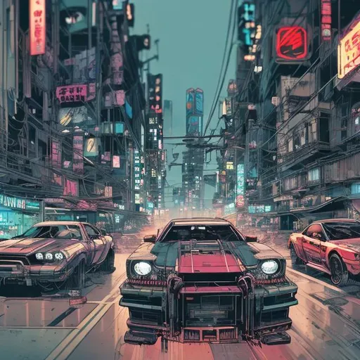 Prompt: a comic book (tokyo ghost, sean murphy) style illustration two cars racing down a street in a cyberpunk city, illustration, highly stylized, cyberpunk cityscape, futuristic cars, wide depth of field, wide angle lens, futuristic skyscrapers, bustling urban life, detailed and dynamic perspective, highres, ultra-detailed, comic book style, cyberpunk, wide angle lens, futuristic  bustling streets, highly stylized, dynamic perspective, atmospheric lighting