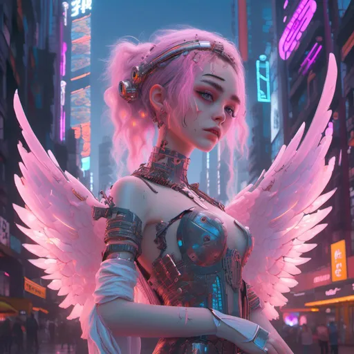 Prompt: Photorealistic cyberpunk illustration of Grimes as an ethereal fantasy angel, Tokyo skyline, mechanical wings, hyperrealism, detailed, Unreal Engine 5, dynamic pose, angelic, futuristic, ethereal, detailed wings, professional, dynamic lighting, highres, ultra-detailed, cyberpunk, Tokyo skyline, surreal, atmospheric, angelic glow, celestial beauty, in <mymodel> artstyle