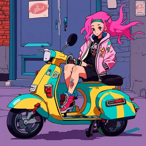 Prompt: pizza delivery girl, with pink hair, wearing an oversized bomber jacket, next to a Vespa <mymodel> 