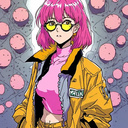 Prompt: young woman, pink hair, round sunglasses, yellow oversized bomber jacket<mymodel>