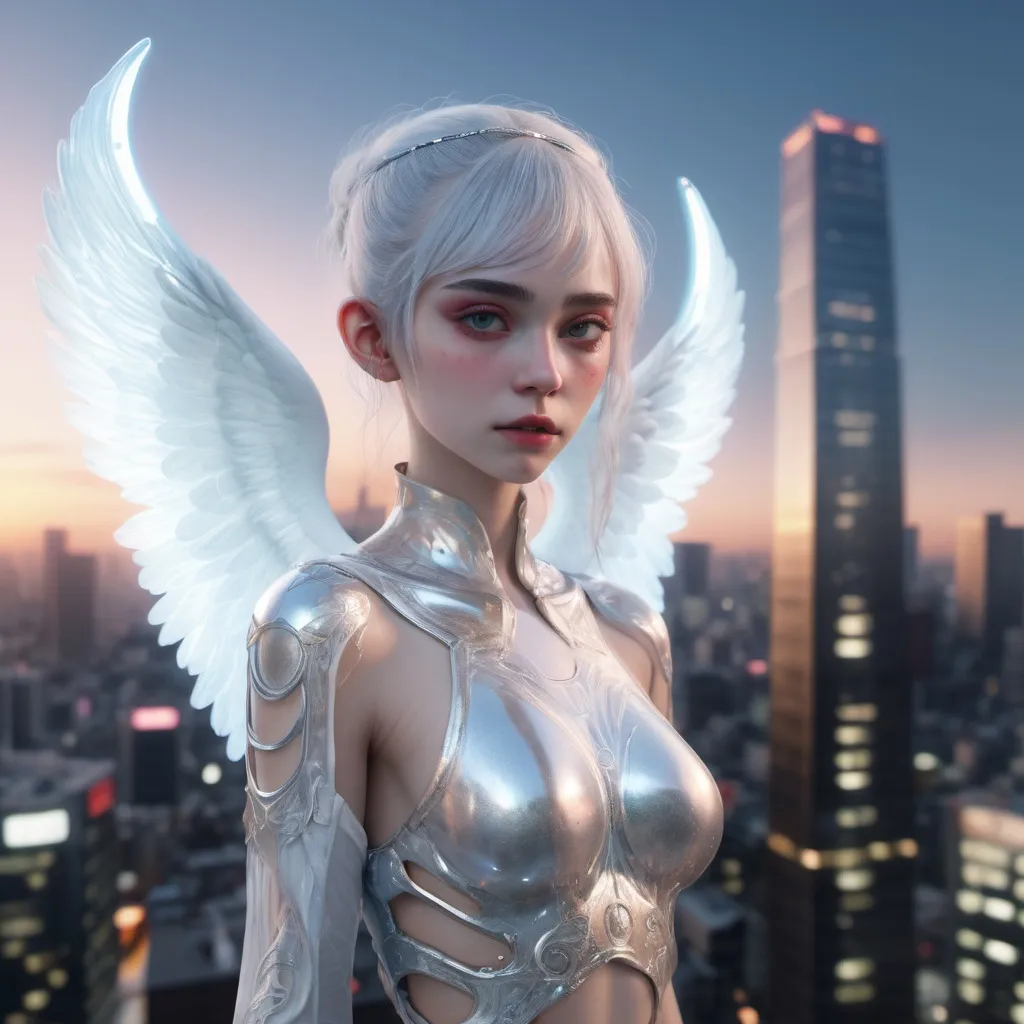 Prompt: undefinedPhotorealistic illustration, Grimes, divine feminine, hyperrealism, detailed, Unreal Engine 5, dynamic pose, angelic, futuristic, ethereal, , professional, dynamic lighting, highres, ultra-detailed, Tokyo skyline, surreal, atmospheric, angelic glow, celestial beauty