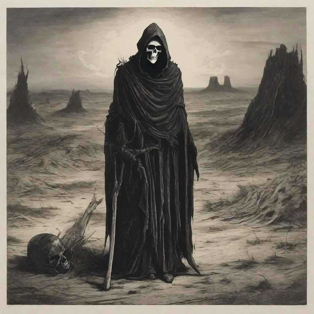 Prompt: black and white etching of the grim reaper standing in a desolate wasteland