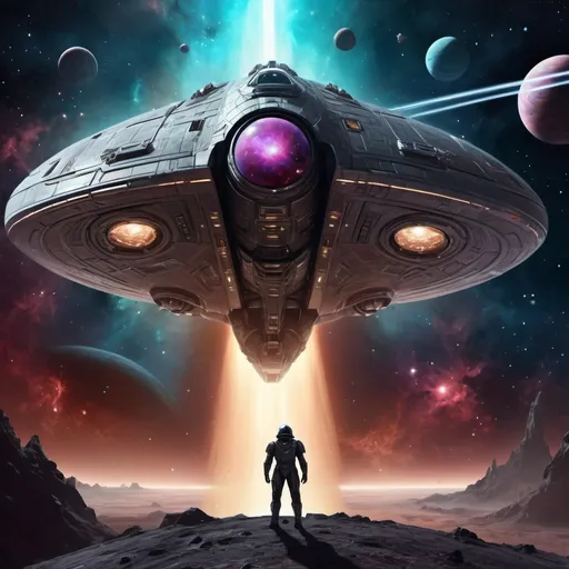 Prompt: Galactic conqueror staring out of a starship at a new planet, digital painting, cosmic backdrop with swirling nebulas, intricate spaceship design, intense and ominous gaze, imposing armor with futuristic embellishments, high quality, detailed, sci-fi, cosmic, ominous lighting, dark and mysterious tones, space conquest, detailed spaceship, cosmic nebulas