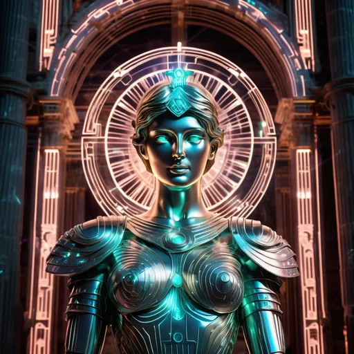 Prompt: aetherel, holographic projection of the Roman goddess Minerva, futuristic, luminescent, cyber-temple setting, fine line