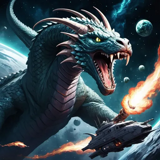 Prompt: Science fiction anime style, Jörmungandr in space attacking Midgard