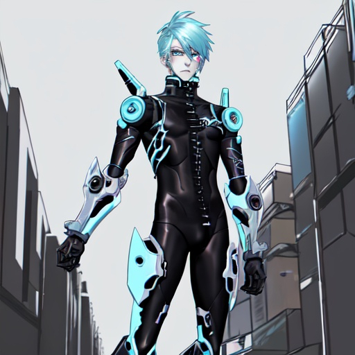 Prompt: anime pastel cyborg goth warrior, male, factory background, fine line 