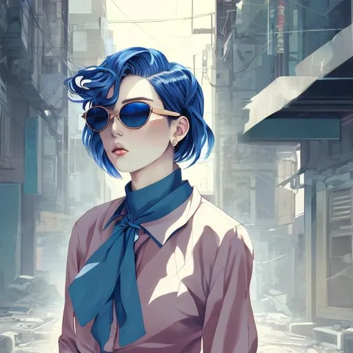 Prompt: Anime illustration of a nonbinary woman in a blue pleated shirt, knotted silk satin scarf, wearing sunglasses, angular haircut, ruined urban background, best quality, anime, stylish, urban, detailed design, high fashion, professional, atmospheric lighting