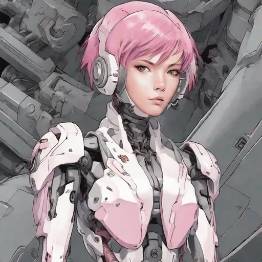Prompt: manga art, woman, pink hair, wearing a grey and white bio-engineered mech suit, evangelion influence