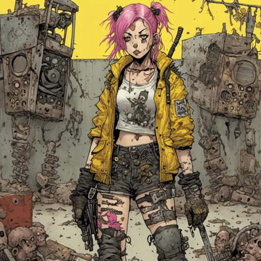 Prompt: woman with pink hair in two pigtails, scar on face, wearing clear yellow jacket and combat boots, carrying a sword, scrapyard background, in <mymodel> style