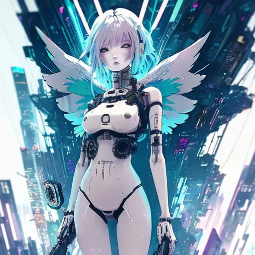 Prompt: ethereal cyberpunk angel, full body view, petite 21 year old anime girl, comic style((tokyo ghost, sean murphy)), vr headset, skeletal form, cute, highly stylized artstyle, messy abstract background, wide view, digital illustration, ultra hd, extreme long shot, telephoto lens, motion blur, wide angle lens, deep depth of field, deep blue color scheme, pastel color scheme