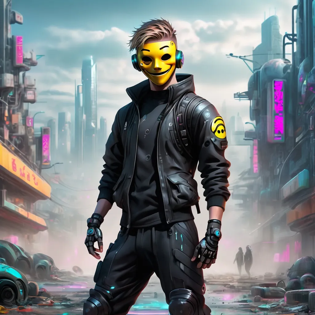 Prompt: full view, full body view, 
cyberpunk young man, smiley face mask, sci-fi, urban landscape, 4k ultra-detailed, cyberpunk, futuristic, dynamic pose