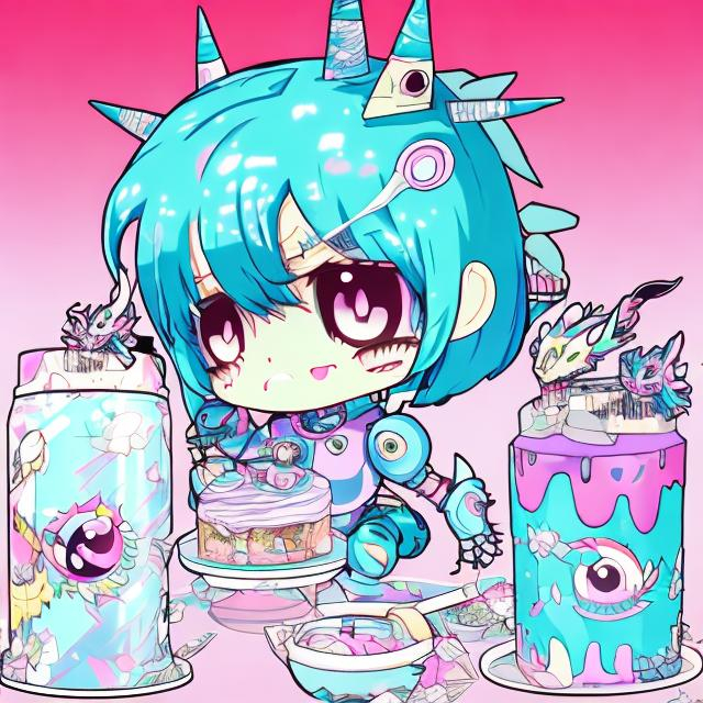 Prompt: chibi anime robot and dragon and cake arizona iced tea vaporwave aesthetic highres best quality