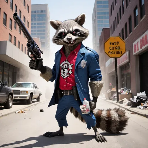 Prompt: rabid mascot with large revolver, trash panda, city street