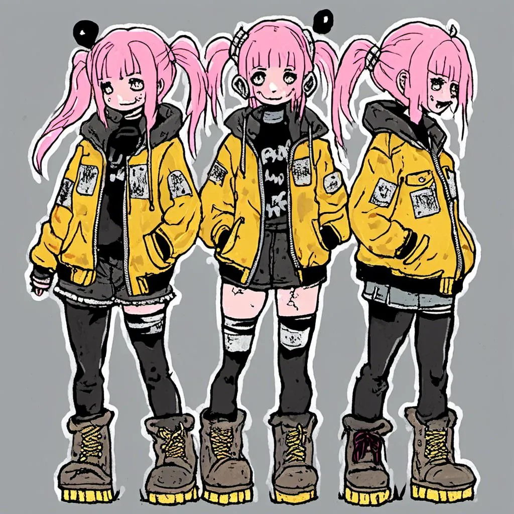 Prompt: full body view, woman with pink hair in two pigtails, wearing yellow bomber jacket, combat boots, urban setting, in <mymodel> style