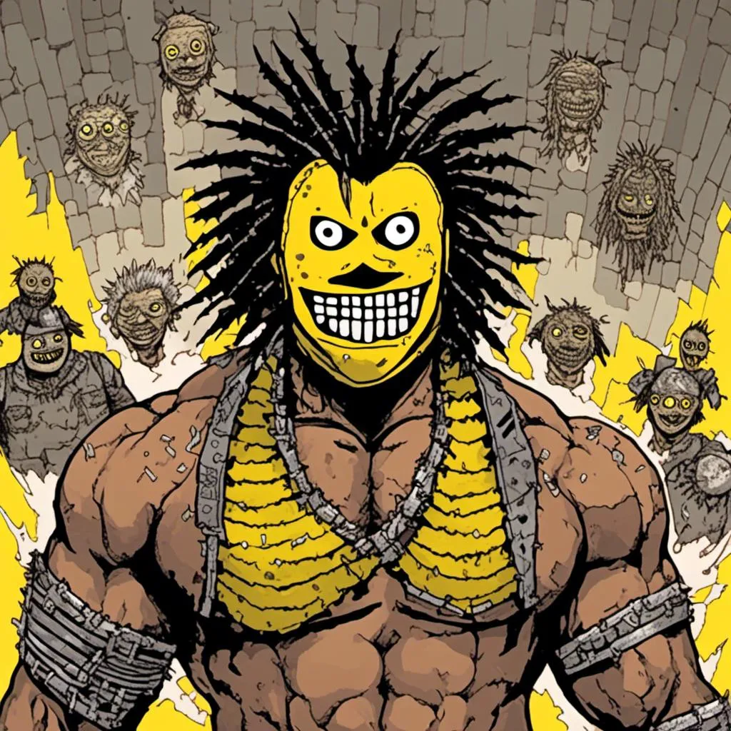 Prompt: Samoan man wearing a yellow smiley face mask, muscular, big hair, arena background, in <mymodel> style