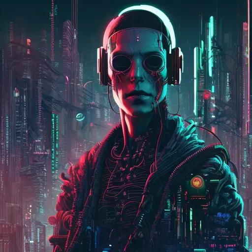 Prompt: illustration of cyberpunk depiction of death in human form, male, vr headset, integrated technology, technology and biology mixture, futuristic cityscape background, deep red and green and blue color scheme, high quality, cyberpunk, detailed skeletal features, futuristic cityscape, highly stylized